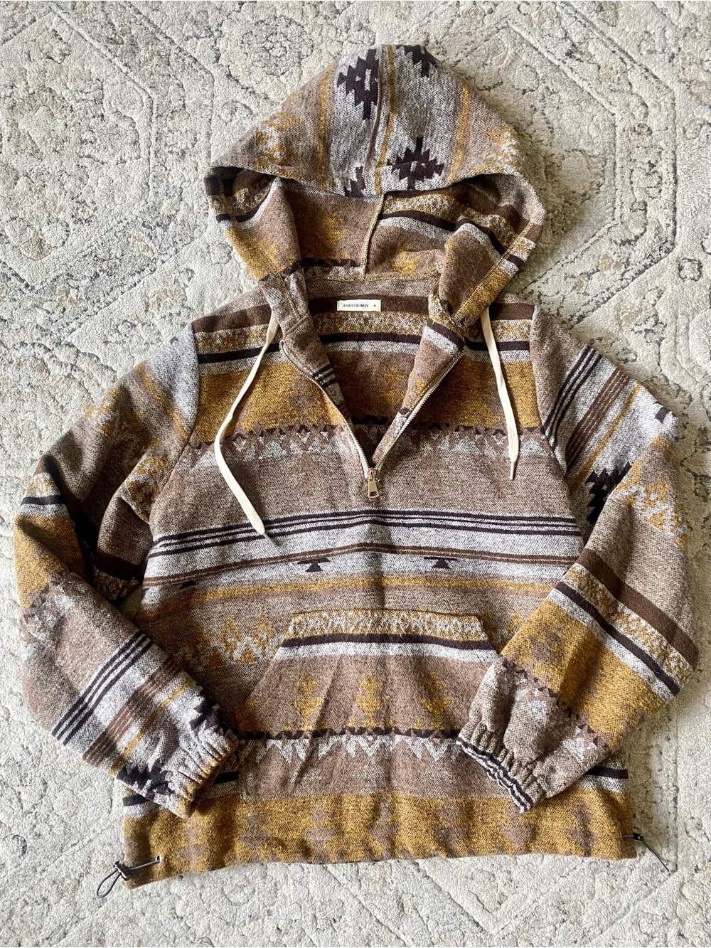 Striped Knit Half-Zip Hoodie Sweater in Brown & Mustard